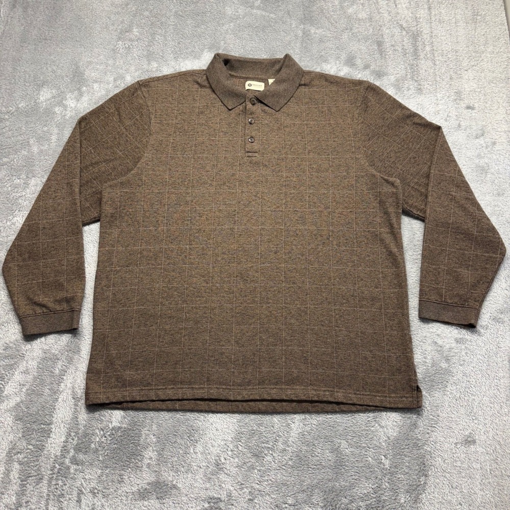 Haggar Polo Shirt Mens XL Brown Excellent Long Sleeve Windowpane Pattern‎ 676